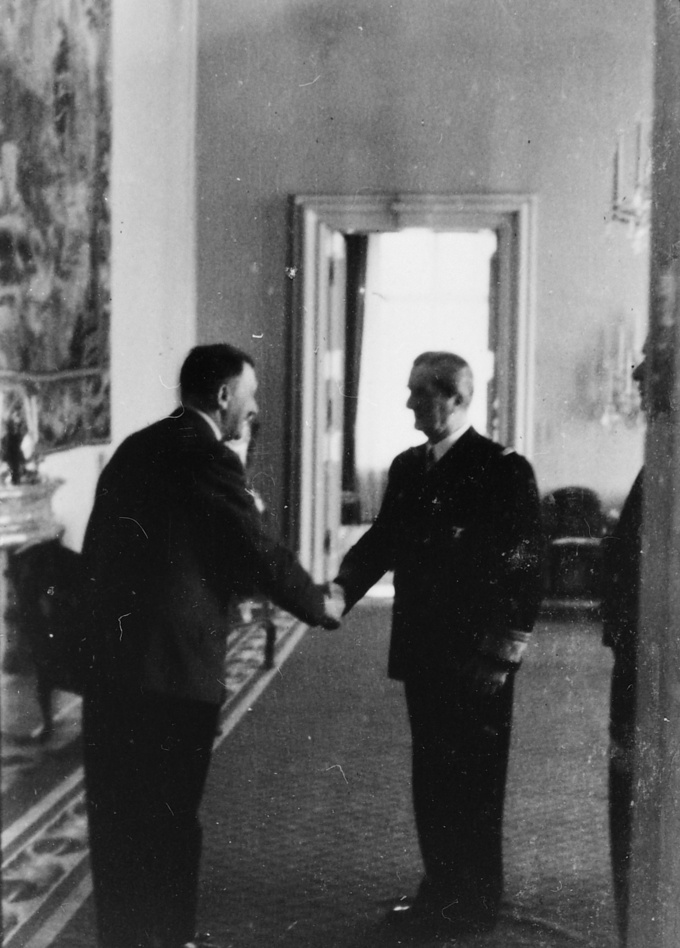 Adolf Hitler greets Miklos Horthy in Schloss Klessheim near Salzburg